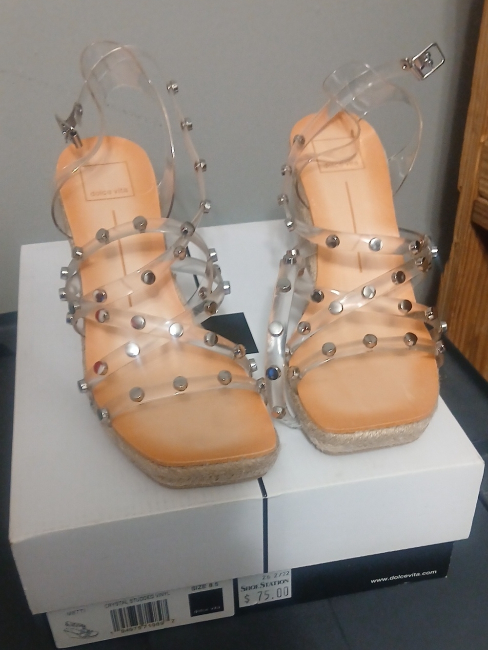 Dolce Vita Nude Clear Studded Espadrille Wedges